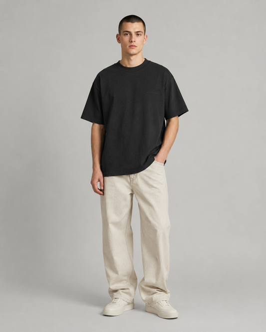 AMBERELLE Minimal Script Logo Boxy T-Shirt in black