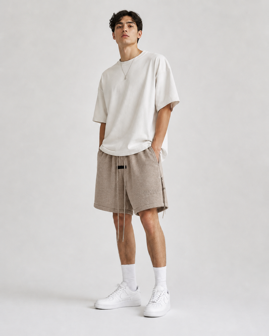 AMBERELLE Cloud Plush Logo Sweatshorts in taupe