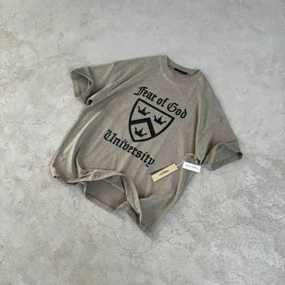 AMBERELLE Holiday Crest Graphic Short Sleeve Tee in taupe