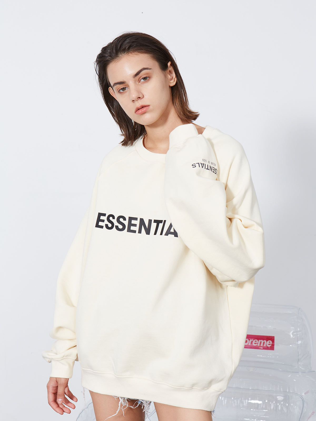 AMBERELLE Core Letter Logo Crewneck Sweatshirt in beige