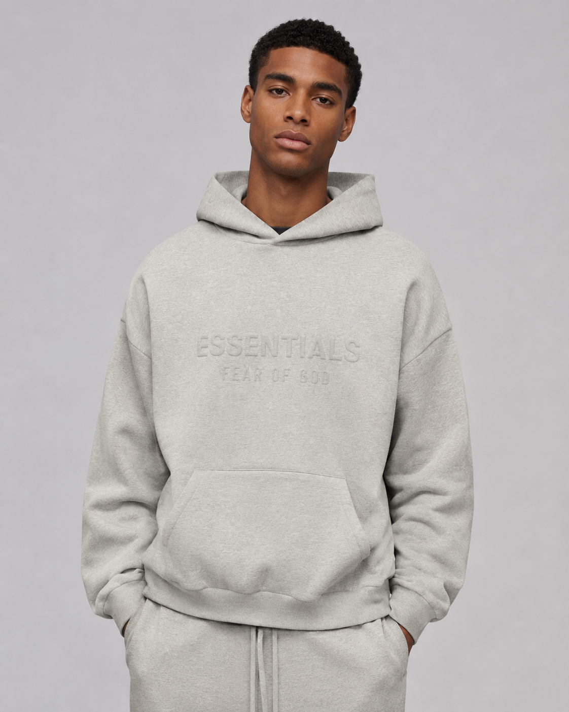 AMBERELLE Embossed Classic Fleece Hoodie in light heather grey