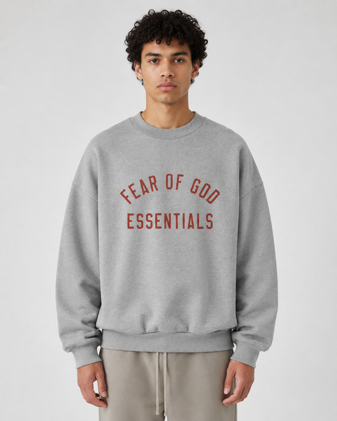 AMBERELLE Arc Letter Fleece Crewneck Sweatshirt in dark taupe