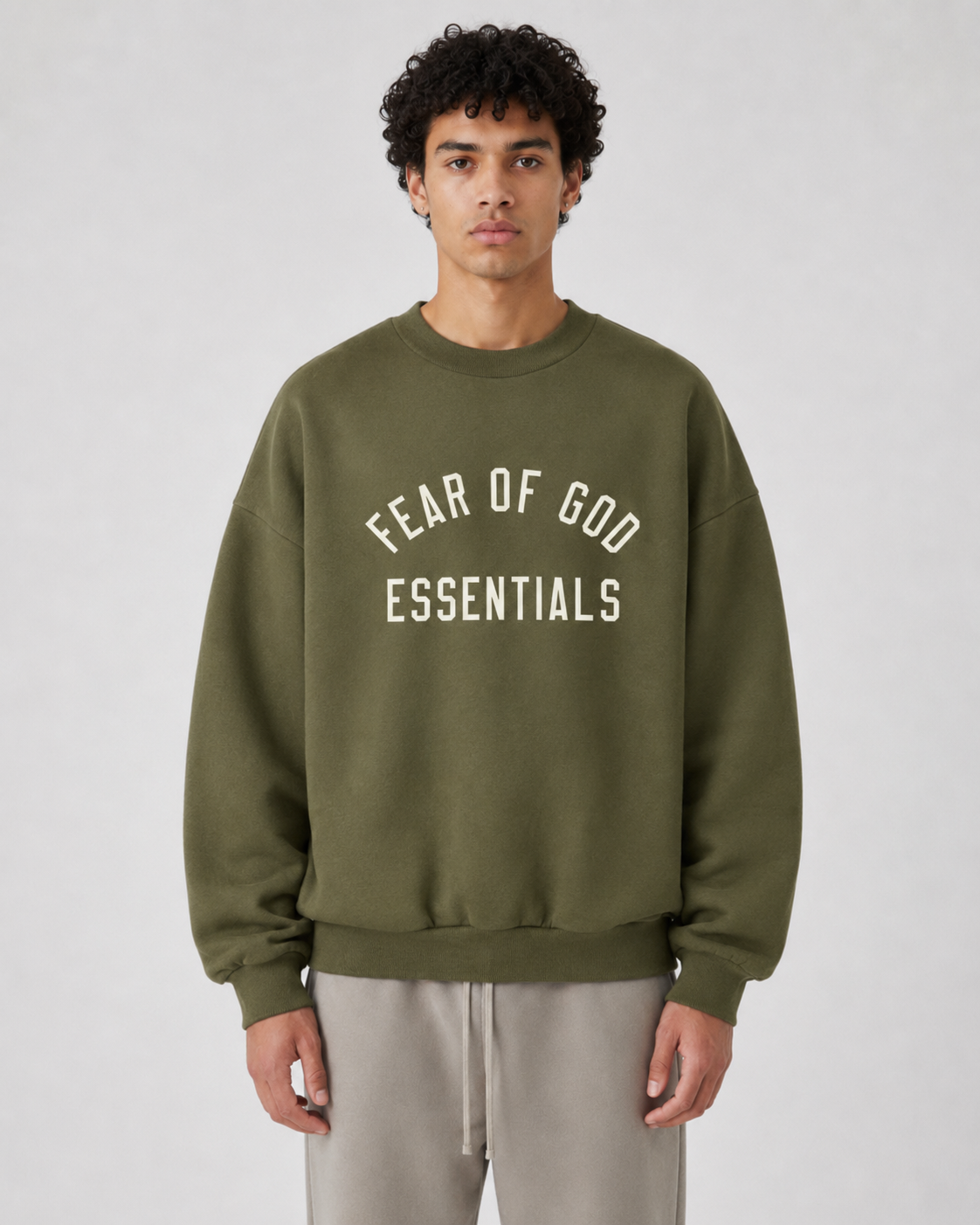 AMBERELLE Arc Letter Fleece Crewneck Sweatshirt in dark green