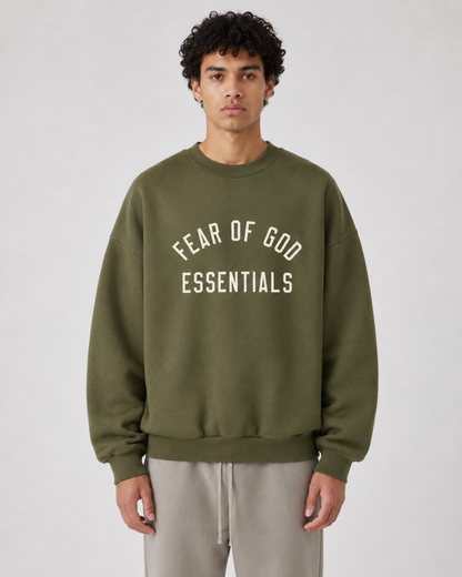 AMBERELLE Arc Letter Fleece Crewneck Sweatshirt in dark green