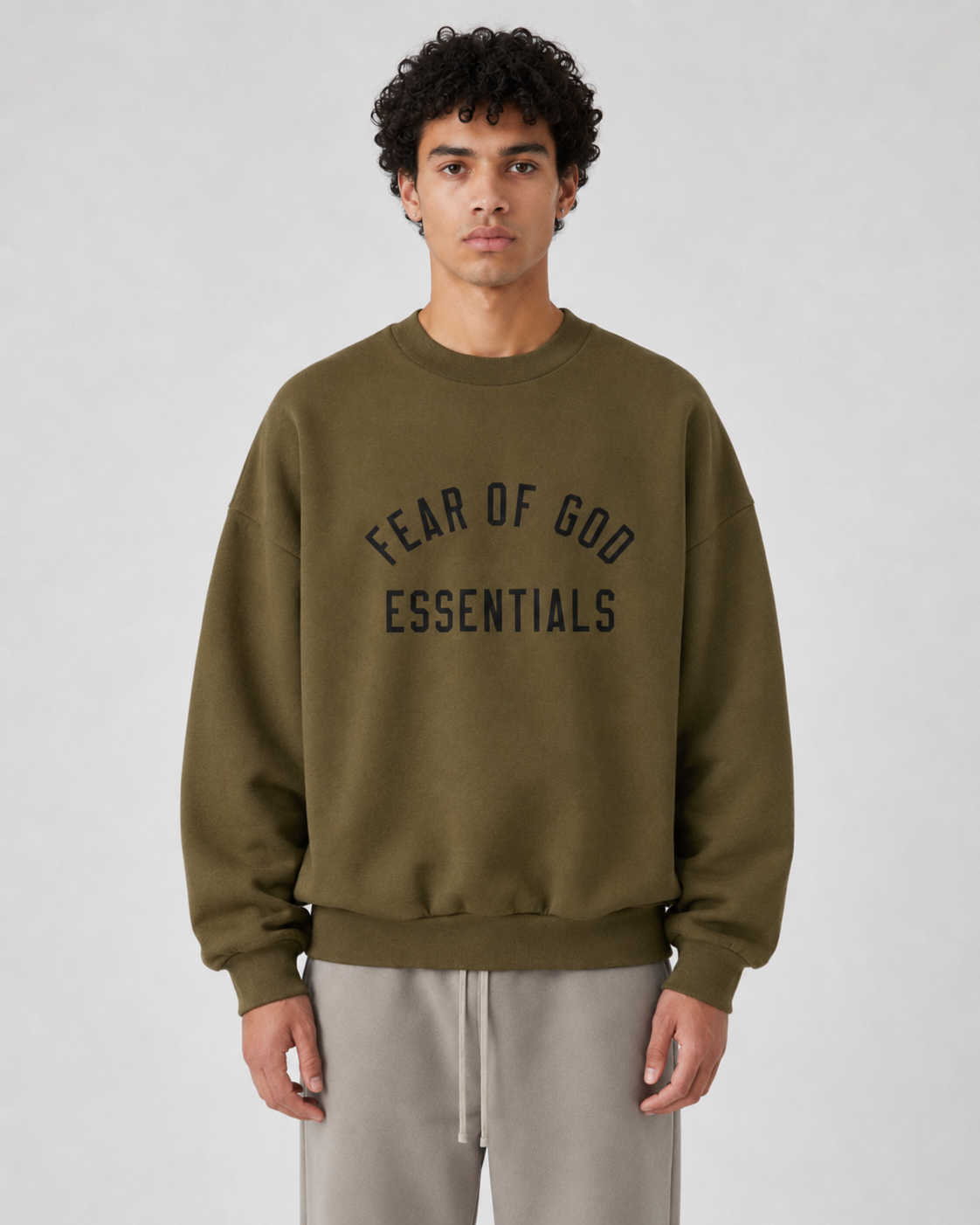 AMBERELLE Arc Letter Fleece Crewneck Sweatshirt in dark taupe