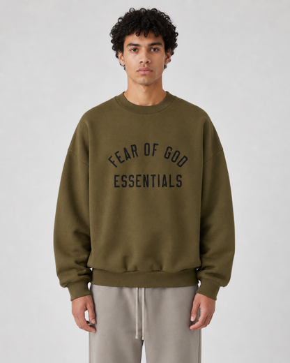 AMBERELLE Arc Letter Fleece Crewneck Sweatshirt in dark taupe
