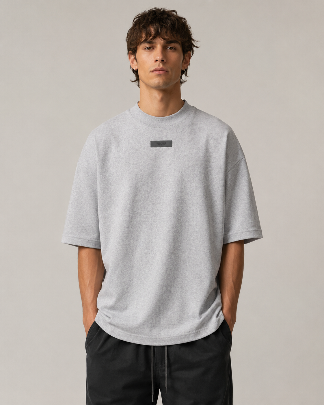 AMBERELLE Mock Neck Rubber Label Oversized T-Shirt in taupe
