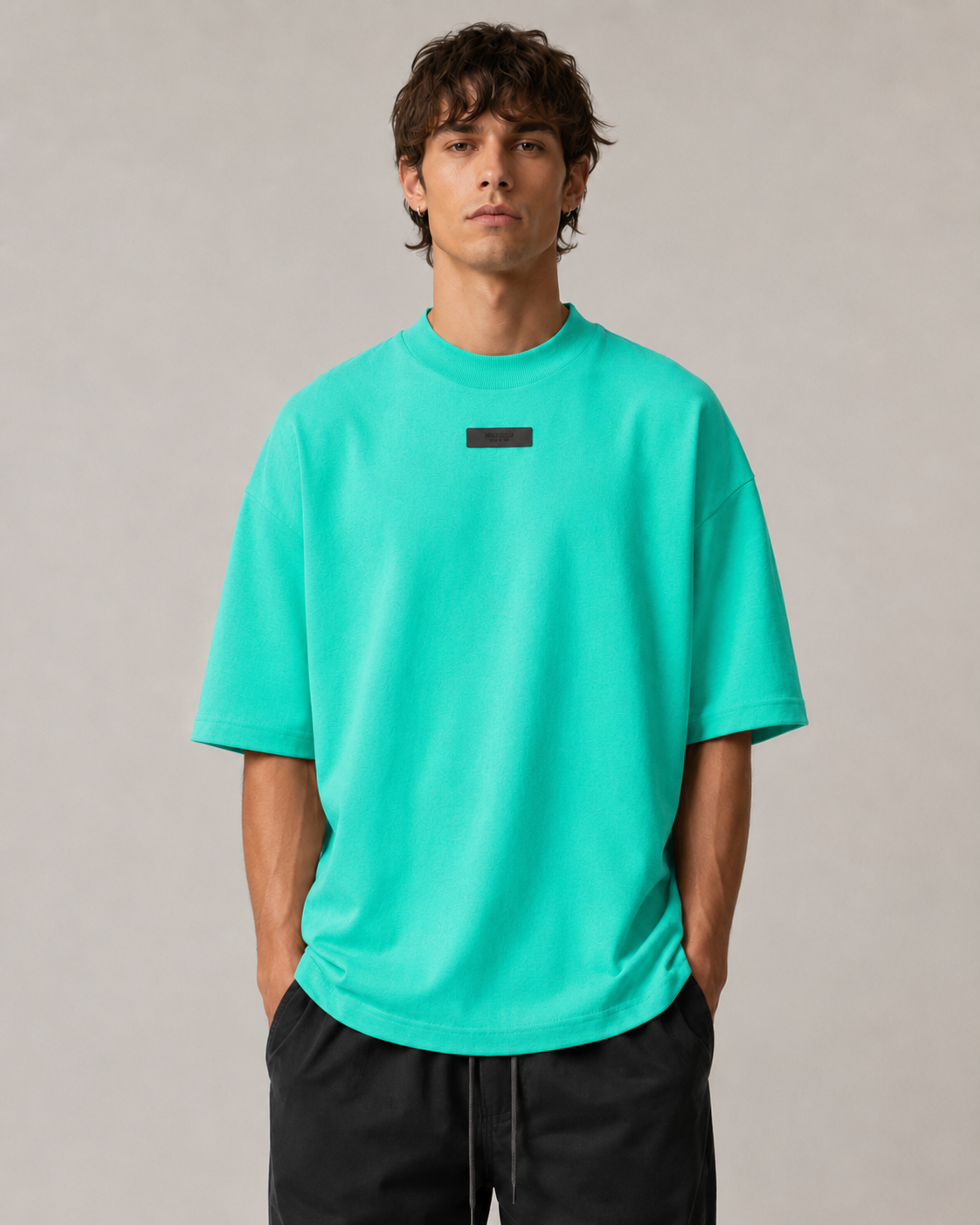 AMBERELLE Mock Neck Rubber Label Oversized T-Shirt in green