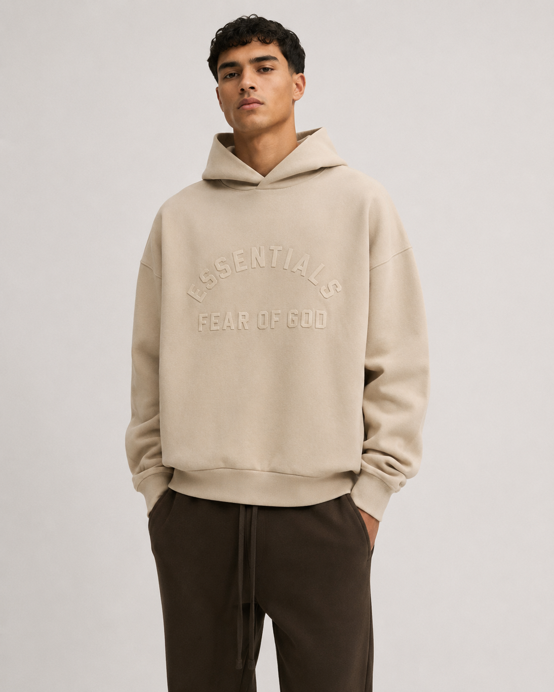AMBERELLE Arched Logo Fleece Hoodie in beige