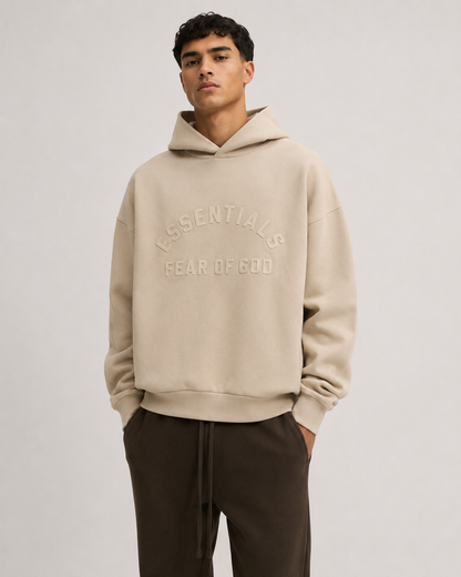 AMBERELLE Arched Logo Fleece Hoodie in beige
