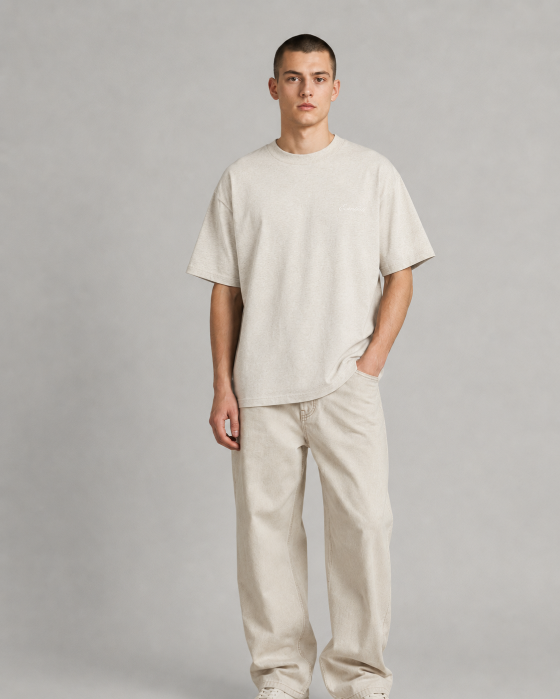 AMBERELLE Minimal Script Logo Boxy T-Shirt in gray