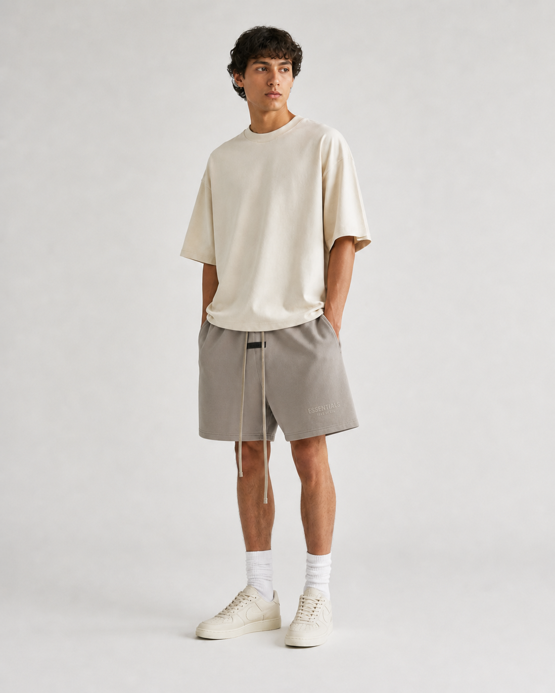 AMBERELLE Double Logo Fleece Drawstring Sweatshorts in taupe