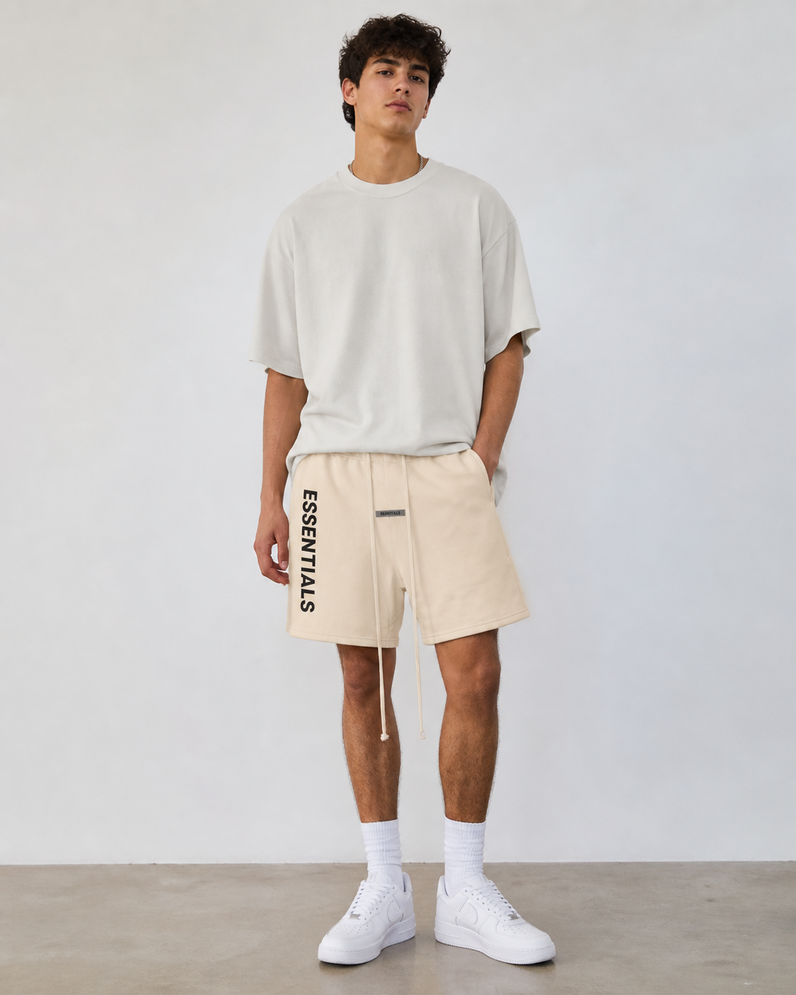 AMBERELLE Vertical Logo Fleece Sweatshorts in beige