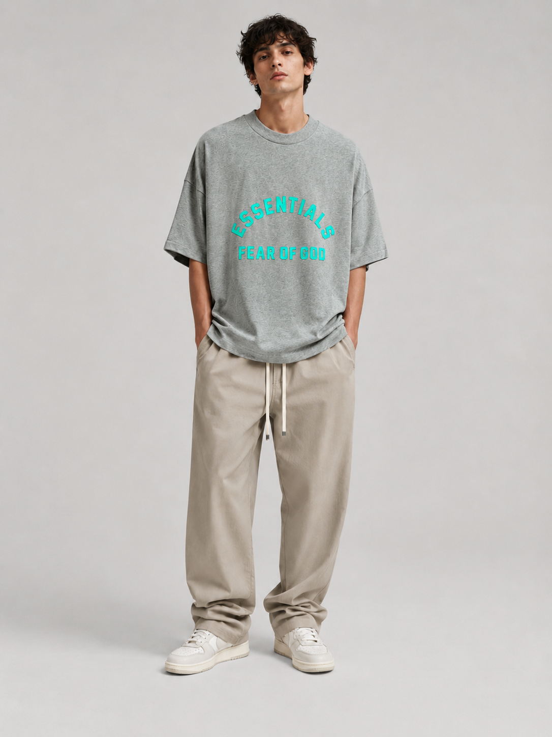 AMBERELLE Arc Logo Flocked Short Sleeve Tee in light heather grey
