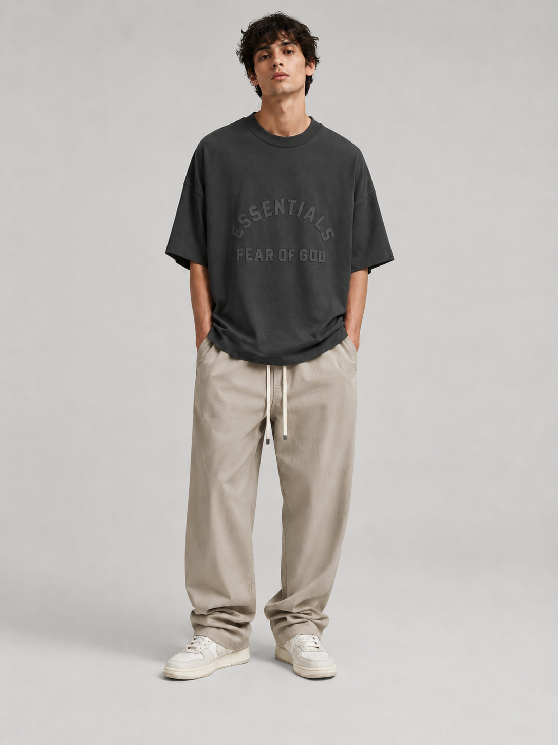 AMBERELLE Arc Logo Flocked Short Sleeve Tee in light heather grey