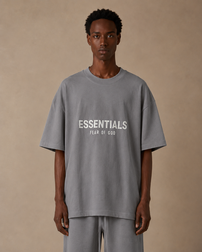 AMBERELLE Double-Line Flocked Logo Short Sleeve Tee in gray
