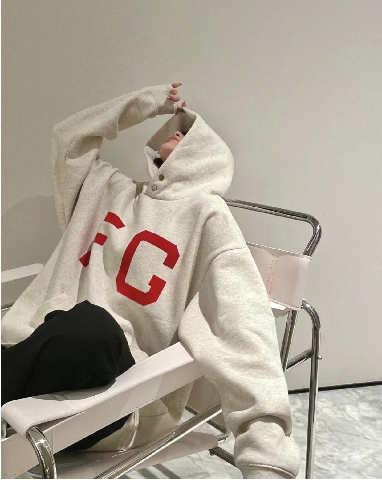 AMBERELLE Oversized Varsity Letter Fleece Hoodie in cream